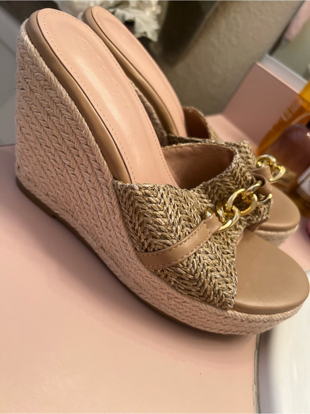 Neutral Woven Espadrille Wedge Slides with Gold Chain Accent